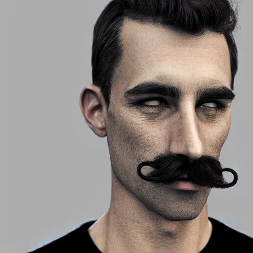 Prompt: A british man with a wide face and skinny neck and body with a mustache and short brown hair, in a black short sleeve shirt, 4k resolution, 8k resolution, HD Quality, highly detailed, very detailed, detailed, studio quality lighting, digital art, trending on artstation
