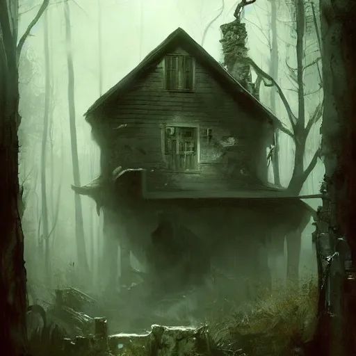 Prompt: old house with a well in the woods, old well, horror, dramatic lighting, lovecraftian, painted by raymond swanland, painted by greg rutkowski, painted by jeremy mann, painted by artgerm, painted by igor kieryluk, trending on artstation