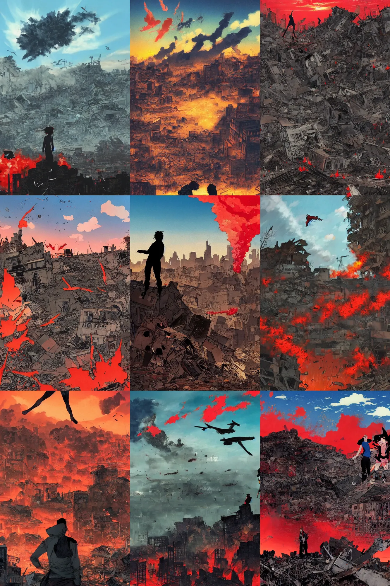 Prompt: a poster with a bunch of ruined flying buildings in the background. two people silhouettes can be seen standing on the rubble in the foreground. the sky is bright red, detailed sharp smoke clouds are in the distance. by satoshi kon, featured on pixiv, underground comix, official art, poster art.