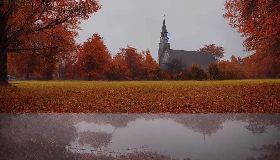 Image similar to small midwest town in autumn, church, leafs, grey sky, square, trees, hyperdetailed, artstation, cgsociety, 8 k