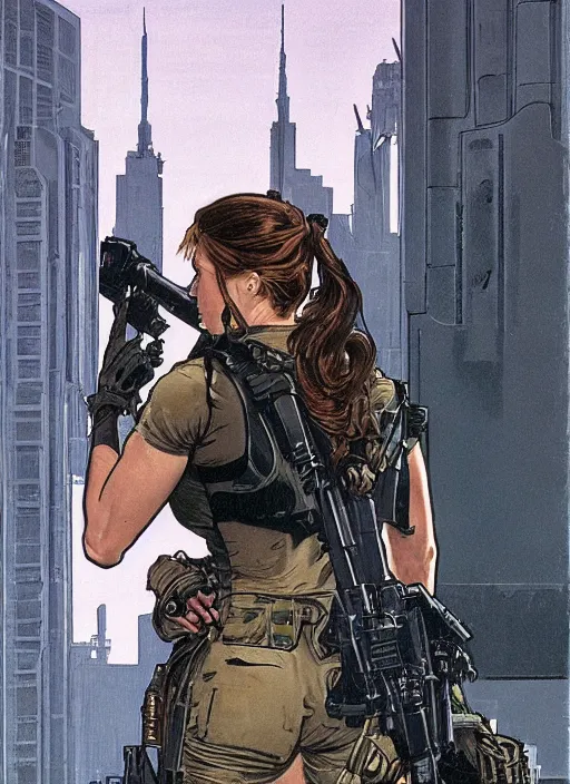 Prompt: Dinah. USN special forces operator looking at city skyline. Futuristic gear. mgs and rb6s Concept art by James Gurney and Alphonso Mucha.