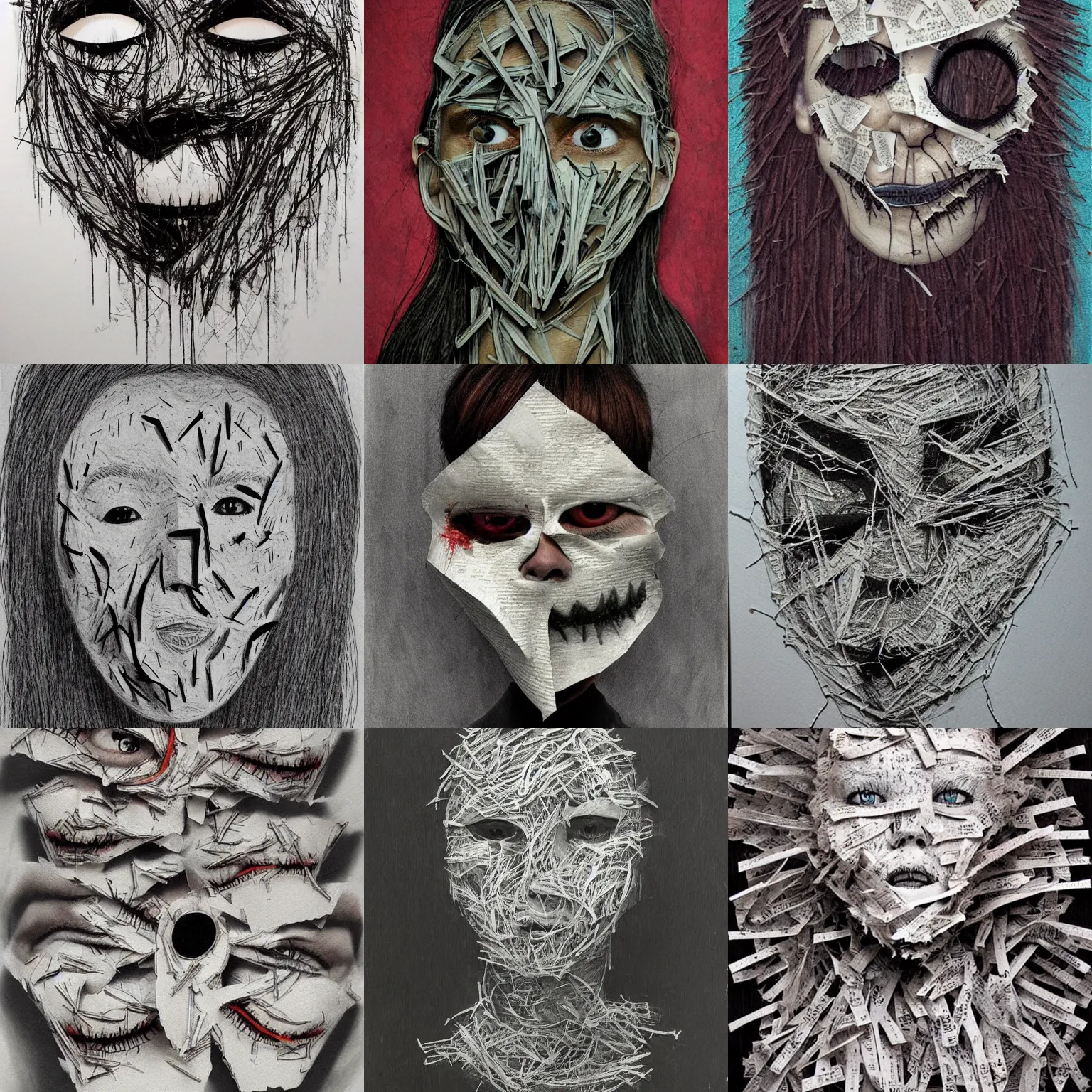 Prompt: face shredded like paper masks, horror, surreal, drawing, painting