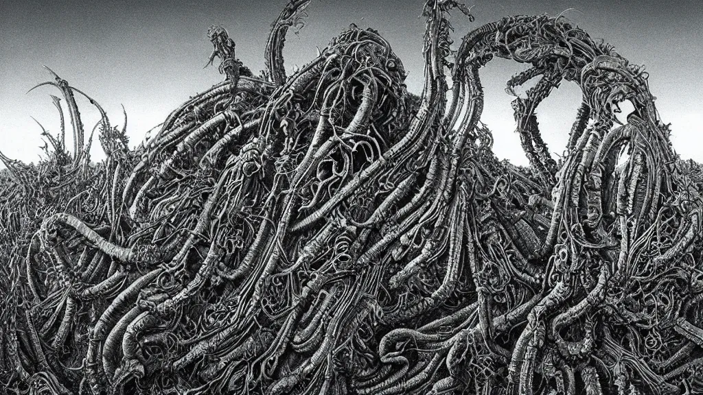 Image similar to alien cannabis landrace field in the style of H.R. Giger, Zdzislaw Beksinski and Todd McFarlane