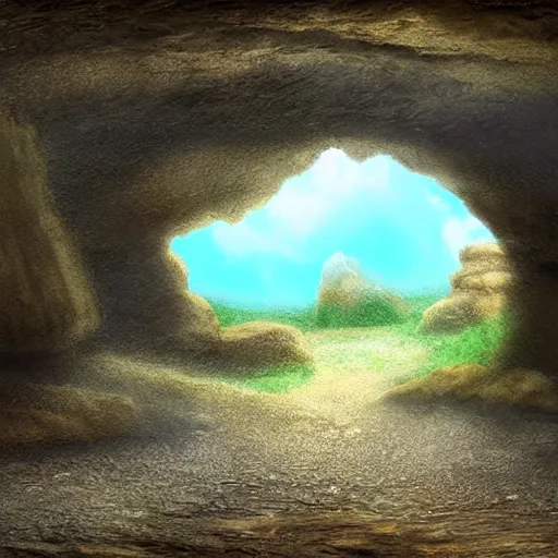 Prompt: a pre historic landscape seen through a cave entrance, digital art, trending on artstation