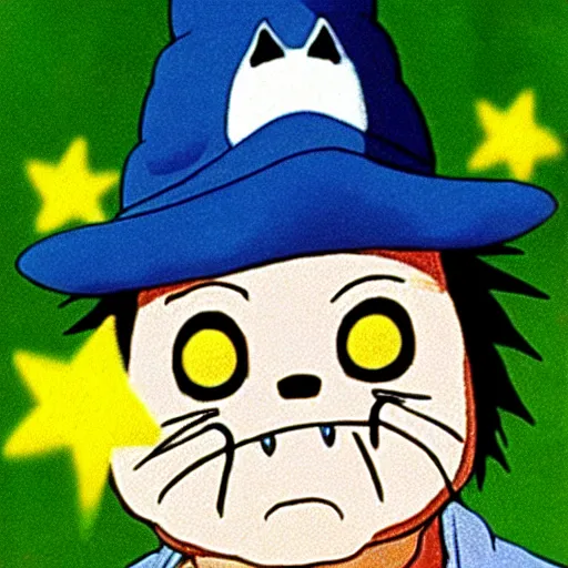 Image similar to a wizard wearing a blue wizard hat with yellow stars on it, from my neighbor totoro ( 1 9 9 3 ) by studio ghibli