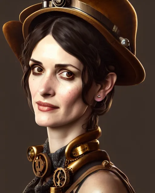 Image similar to steampunk portrait of winona ryder, au naturel, hyper detailed, digital art, trending in artstation, cinematic lighting, studio quality, smooth render, unreal engine 5 rendered, octane rendered, art style by klimt and nixeu and ian sprigger and wlop and krenz cushart.