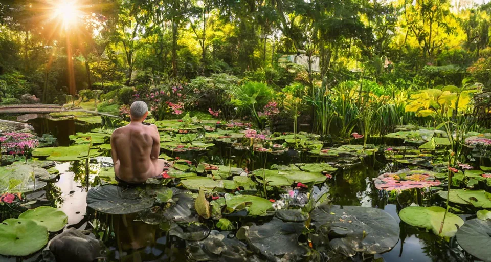 Image similar to ant view of a zen master symmetrical body, clothed in a beautiful kimono quietly sitting in a rock garden overlooking a pond of lilly pads during a sublime sunset, one sun, his dark silhouette completely obscured by bokeh, colorful masterpiece photography,