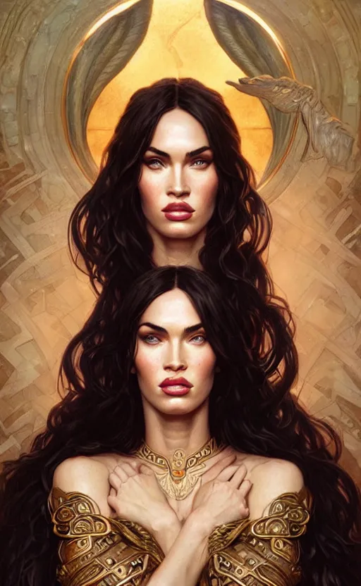 Prompt: portrait of megan fox as the goddess circe, greek mythology, intricate, headshot, highly detailed, digital painting, artstation, concept art, sharp focus, cinematic lighting, illustration, art by artgerm and greg rutkowski, alphonse mucha, cgsociety