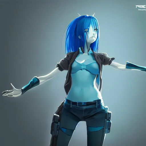 Prompt: a blue haired green eyes girl in a dynamic pose. character design. gesture drawing. line of action. official art, unreal engine 5, unreal engine. tetsuya nomura. medium shot. ray tracing hdr. 8 k. uhd. sharp focus. highly detailed. masterpiece. anime render. cinematic lighting. lifelike. symmetrical face. beautiful face