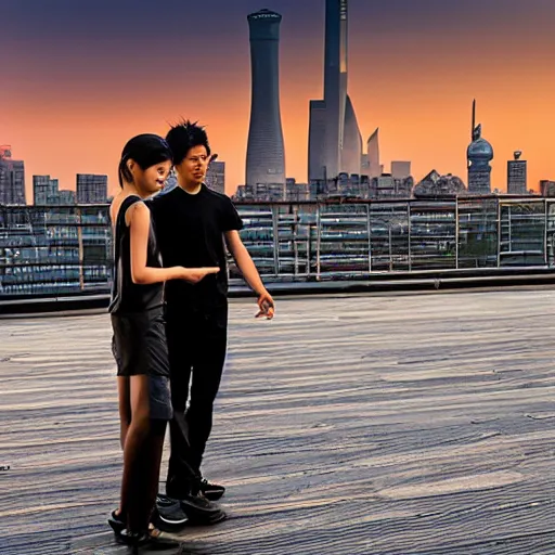 Image similar to a small rooftop with a couple of modern teenagers, standing and talking to each other, wearing black modern clothes, modern shanghai bund is on the background, sunset, by gregory crewdson