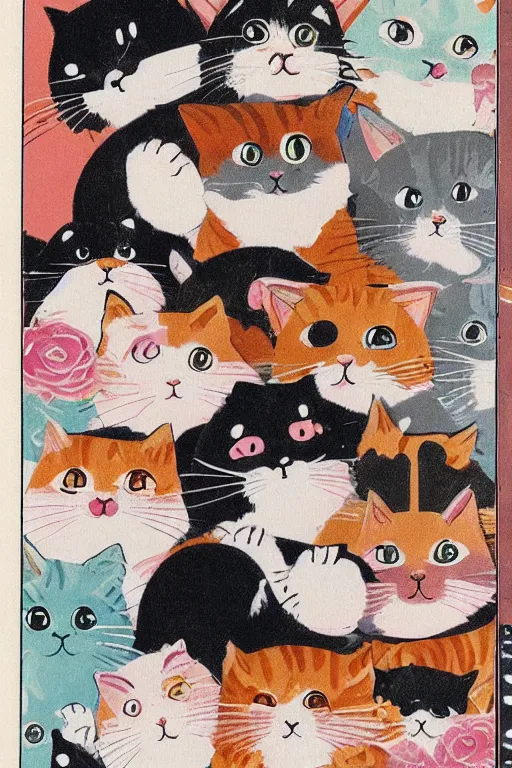 Prompt: Piles of cats, Kawaii Japanese illustration, 1980s