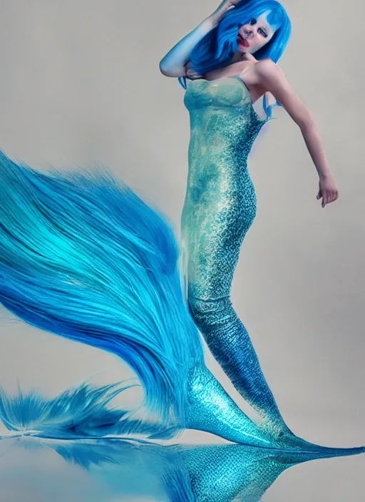 Prompt: hyper realistic fashion photography of a beautiful mermaid with blue hair, a beautiful blue tail