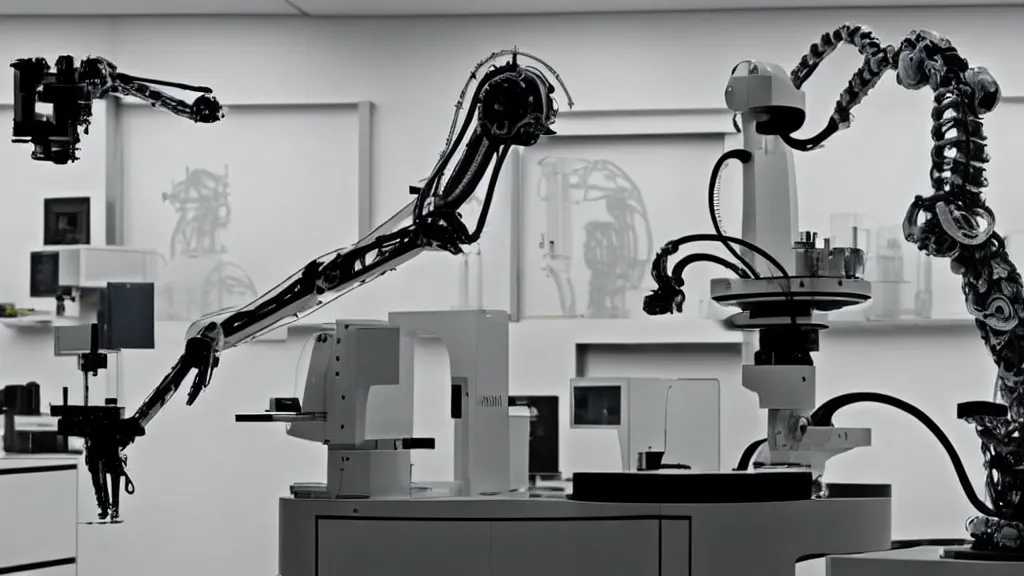 Image similar to a complex bifurcated robotic cnc surgical arm hybrid mri 3 d printer machine making black and white ceramic mutant forms in the laboratory inspection room, film still from the movie directed by denis villeneuve with art direction by salvador dali, wide lens