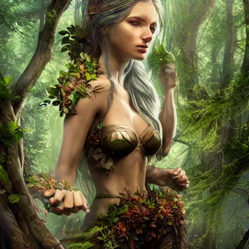 Prompt: high definition digital fantasy character art, hyper realistic, hyperrealism, elemental guardian of life, forest dryad, woody foliage, 8 k dop dof hdr fantasy character art, by aleski briclot and alexander'hollllow'fedosav and laura zalenga