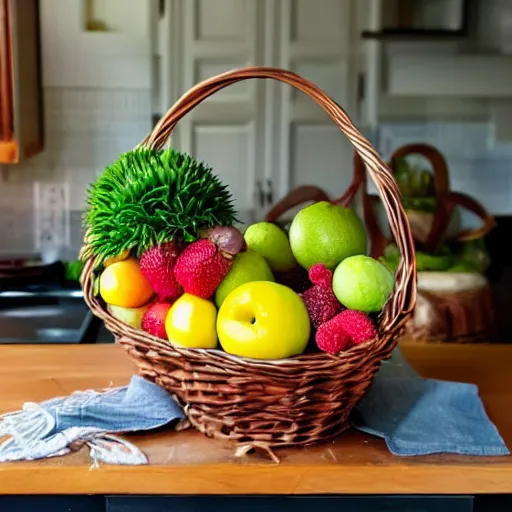 Prompt: a fruit basket on top of a kitchen table, topiary