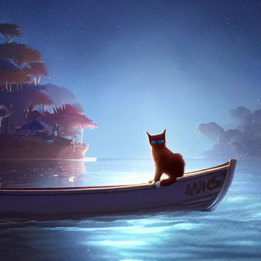 Image similar to a wholesome animation key shot of a cat on a boat close to the shore in the night, medium shot, studio ghibli, pixar and disney animation, sharp, rendered in unreal engine 5, anime key art by greg rutkowski, bloom, dramatic lighting