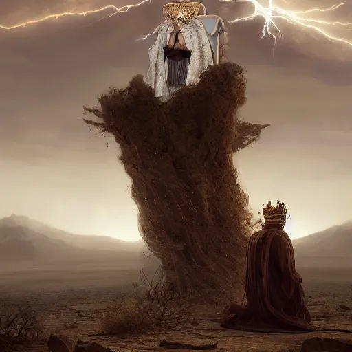 Prompt: a man with a crown on his head, dressed in a robe, sitting on a throne, in the desert, in the background a thunderstorm, by greg rutkowski, digital art, epic, 8 k, hyperdetalied, cgsociety,