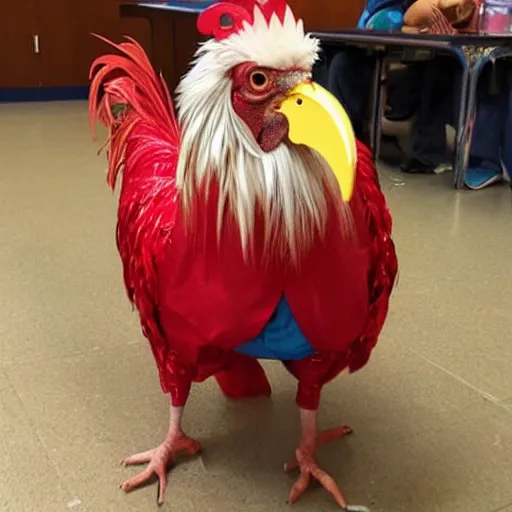 Image similar to an elderly male rooster dressed up for bingo night