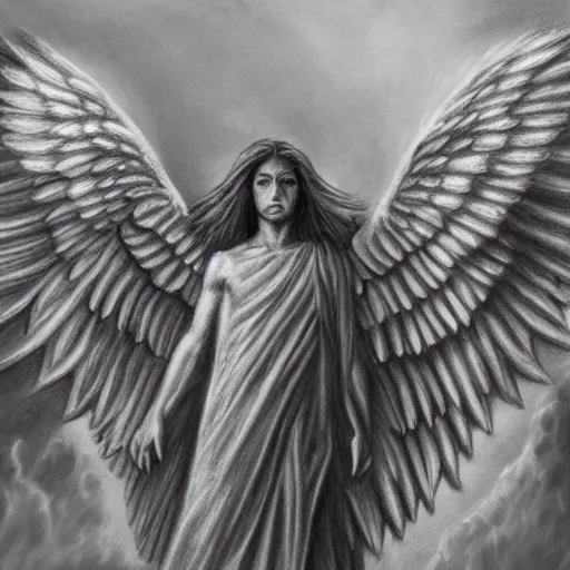 Image similar to mystical heroic angel standing over his fallen army in defeat, pencil drawing, hyper realistic, 4 k,