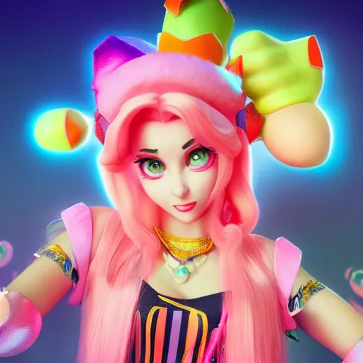 Image similar to Princess peach mixed with jinx from league of legends, dancing, background with neon lighting, raytrayced, octane render, epic composition, intricate details, hyper-realist, jetset radio style, by Alessandro Barbucci and Barbara Canepa