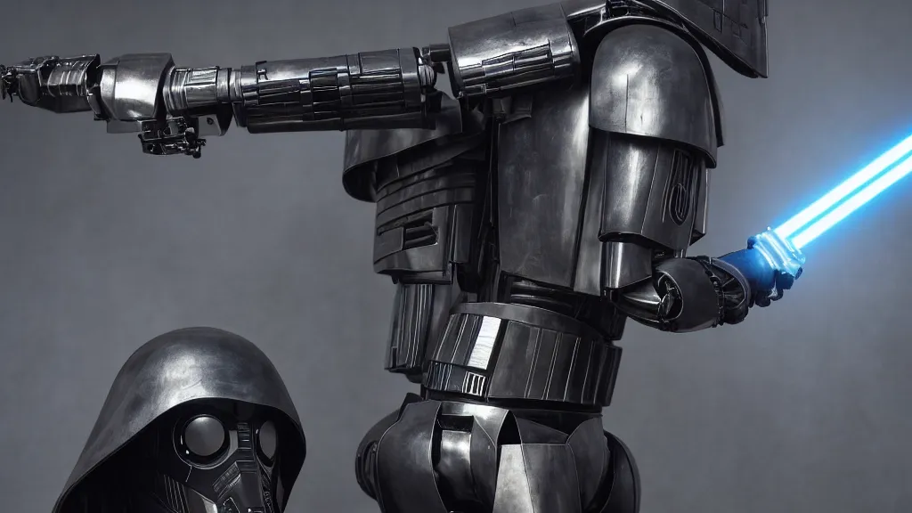 Prompt: K-2SO wearing a hooded cloak and welding a double bladed lightsaber, extremely detailed, beautiful lighting, dramatic cinematic lighting