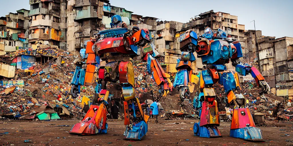 Image similar to colourful but destroyed giant mecha ROBOT of AJEGUNLE SLUMS of Lagos, markings on robot, Golden Hour,