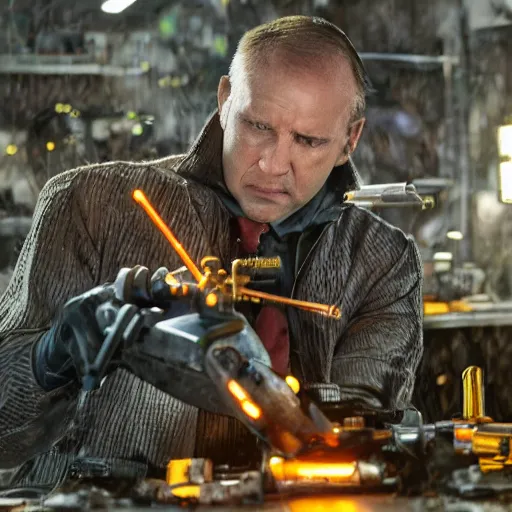 Image similar to balding cyborg professor using jeweller's loupe with orange led light, inspecting complex gun made from rusted metal kitchen utensils, smoking soldering iron, fluorescent lighting, messy workshop, highly detailed, sci - fi, futuristic, movie still from blade runner