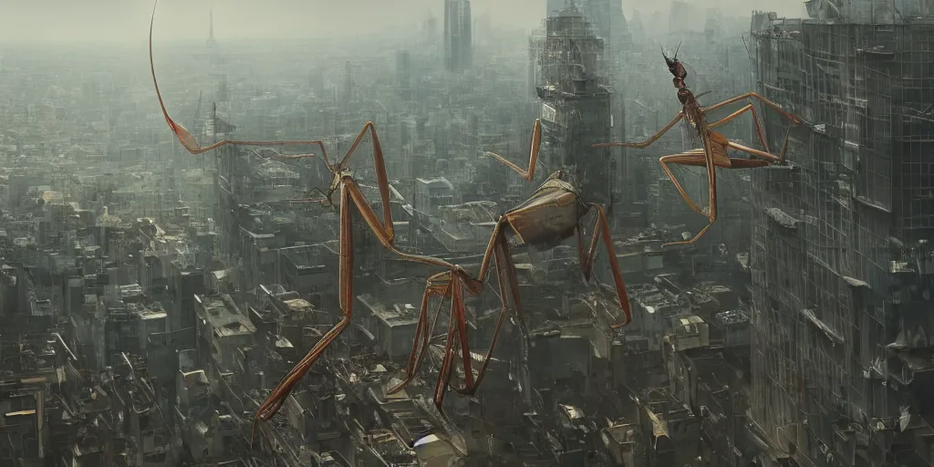 Prompt: giant Praying mantis attacking Tokyo, Greg Rutkowski, Frank Miller, trending on Artstation, 8K, ultra wide angle, establishing shot, pincushion lens effect, zenith view