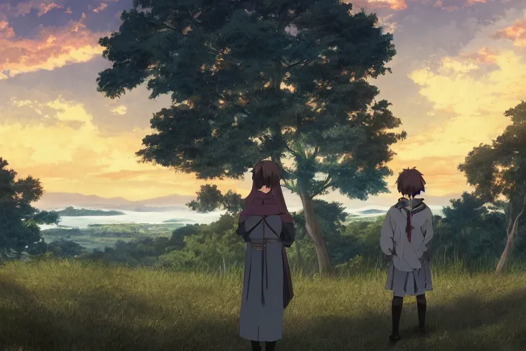 Prompt: anime teen in renaissance dress standing with his back to us, looking to beautiful horizon, rock, trees, lit by sunset, polaroid, 4k, 8k, hd, high-detailed, artstation trending, award winning