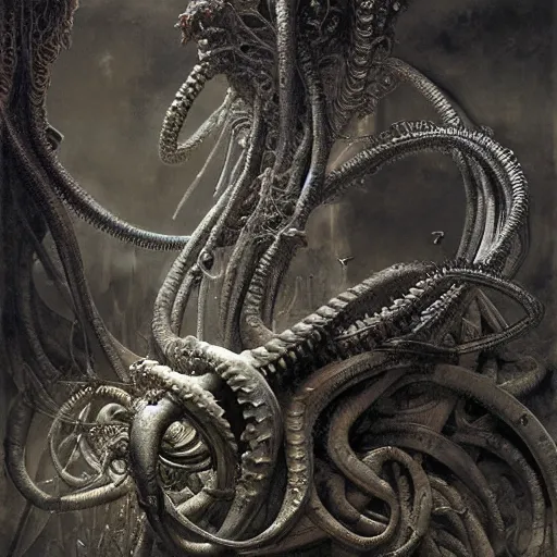 Prompt: biomechanical medusa by gustave dore and gustave moreau and beksinski and giger and craig mullins and jeremy mann and dave mckean