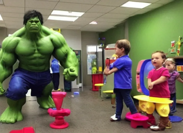 Prompt: the hulk working at a daycare