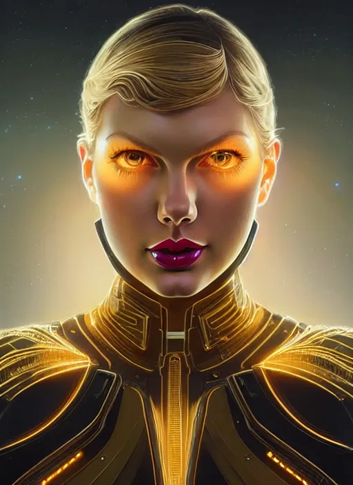 Image similar to symmetry!! portrait of taylor swift, gold sci - fi armour, tech wear, glowing lights!! sci - fi, intricate, elegant, highly detailed, digital painting, artstation, concept art, smooth, sharp focus, illustration, art by artgerm and greg rutkowski and alphonse mucha