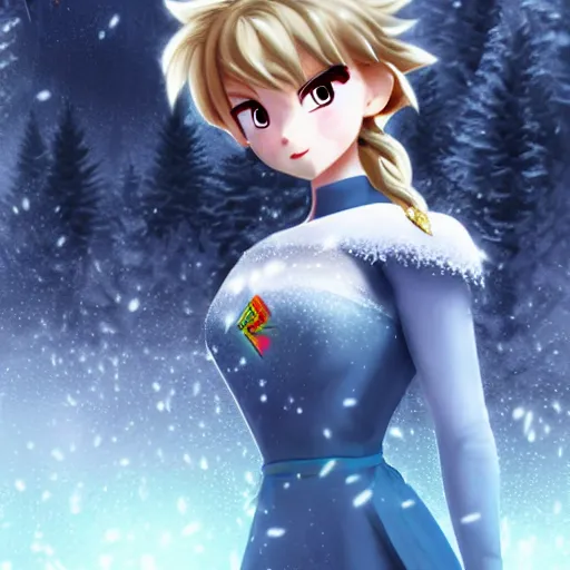 Prompt: portrait focus of Supa Saiyajin beautiful 3D anime girl!!! Frozen ice armor wearing!! dark forest background, snowing, bokeh, inspired by Masami Kurumada, digital painting, high contrast, unreal engine render, volumetric lighting, high détail