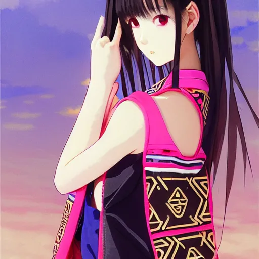 Image similar to a beautiful japanese lalisa alluring gravure model, wearing oversized designer bomber jacket and leotard, bulky poofy bomber jacket with mesoamerican patterns, mesoamerican native street fashion, gapmoe yandere grimdark, trending on pixiv fanbox, painted by greg rutkowski makoto shinkai takashi takeuchi studio ghibli, akihiko yoshida