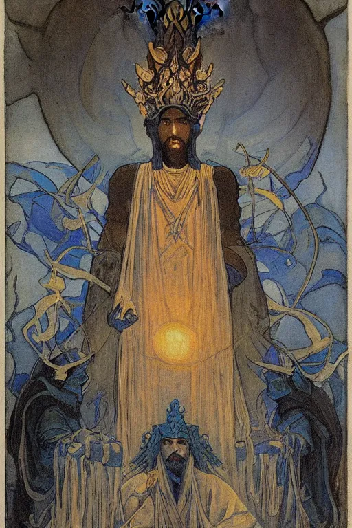 Prompt: child of darkness with his crown and lantern, by Nicholas Roerich and Annie Swynnerton and and jean delville, dramatic cinematic lighting , ornate headdress , flowing robes, sacred artifacts, lost civilizations, smooth, sharp focus, extremely detailed