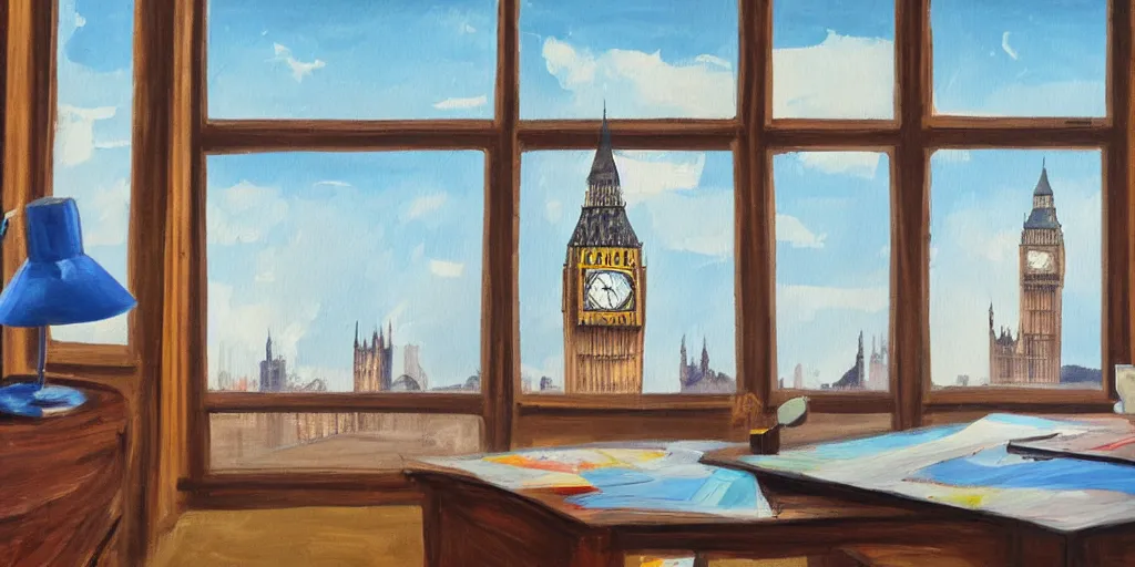 Prompt: semi - abstract painting of a desk made of oak, next to an extremely intellectually looking penguin, window with the big ben in the background, visual art, award winning, volumetric lighting