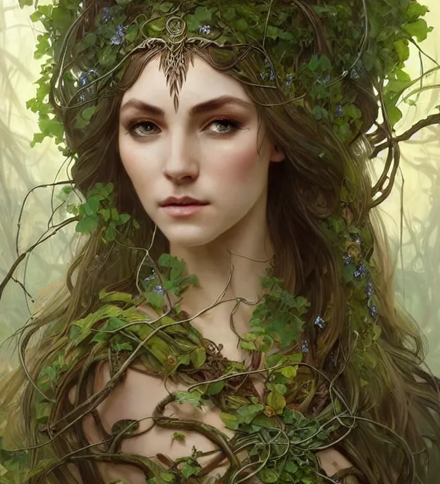 Prompt: a beautiful elven druid, clad in vines, intricate, sharp focus, defined face, tronie portrait, well drawn eyes, illustration, highly detailed, digital painting, concept art, matte, art by wlop and artgerm and greg rutkowski and alphonse mucha, masterpiece