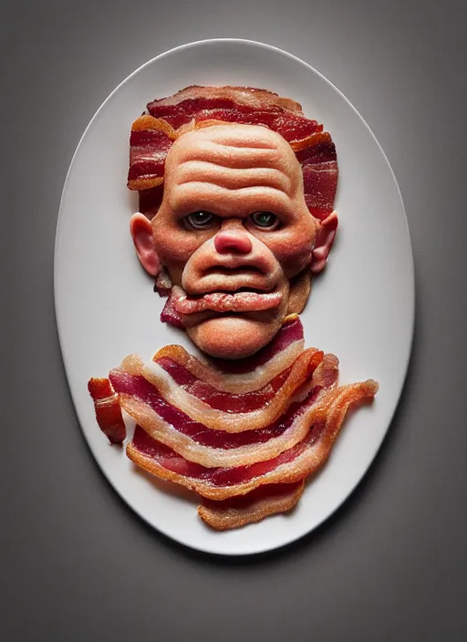 Prompt: bacon in the shape of a human face, human face made out of bacon, kevin bacon made out of bacon, professional food photography, unreal engine