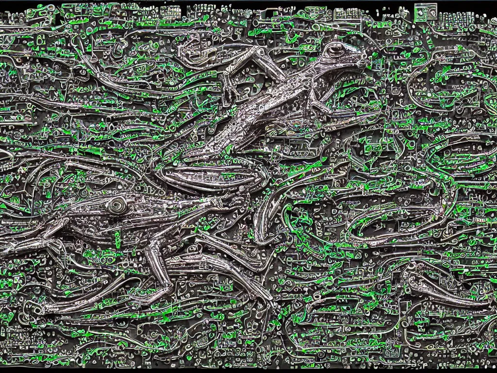Image similar to a cyborg frog made from synthesizer parts sitting in a circuit board pond by Alex Grey