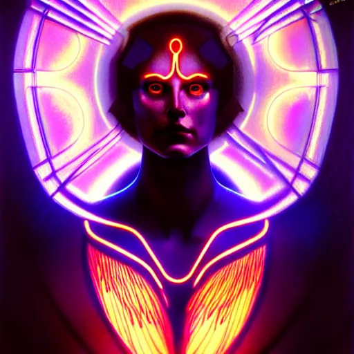 Image similar to tron angel, illuminated face, psychedelic sunset, diffuse lighting, hyper realistic, elegant, intricate, hyper detailed, smooth, sharp focus, concept art, illustration, trending on artstation, art by john collier, artem demura, greg rutkowski, james gurney, and alphonse mucha