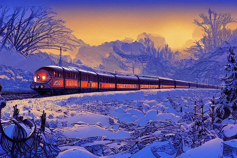 Image similar to trans - siberian express train illustration by joe fenton and syd mead and p. craig russell and barry windsor - smith, artstation, 4 k, graphic novel, concept art, matte painting, beautiful russian winter landscape sunset background, golden hour, art nouveau