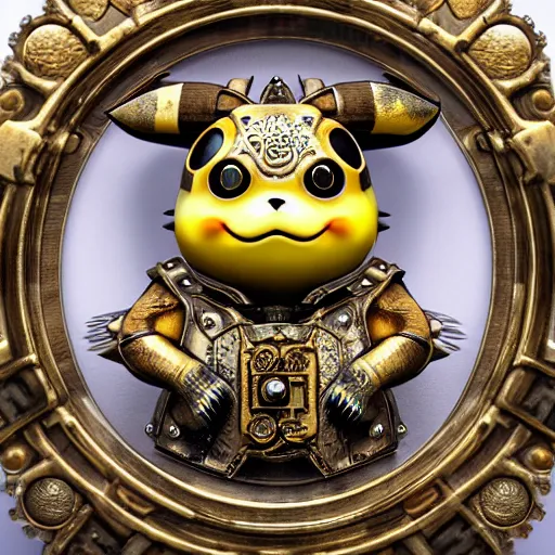 Image similar to A steampunk pikachu made from ornate engraved full plate armor and gears, macro shot by Justin Gerard, unreal engine, physically based rendering