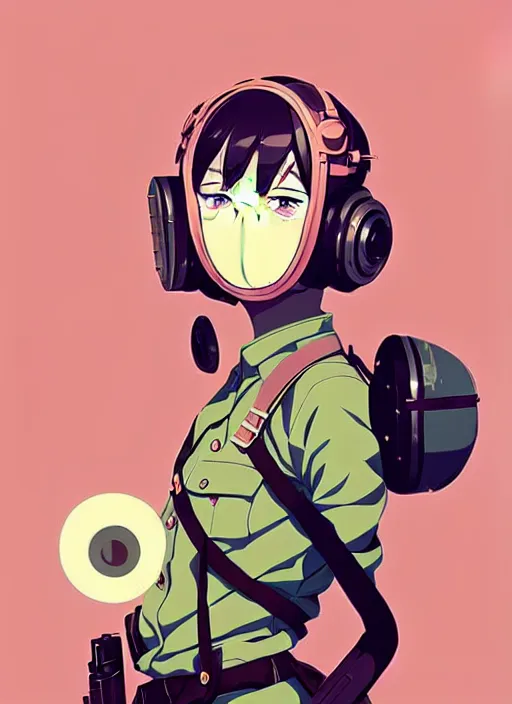 Prompt: singular girl with wearing ww 2 gas mask, ww 2 uniform, very anime!!! anime!! intricate details, aesthetically pleasing pastel colors, poster background, art by conrad roset and ilya kuvshinov