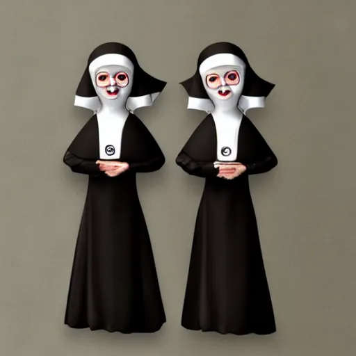 Prompt: two freaky floating twin nuns