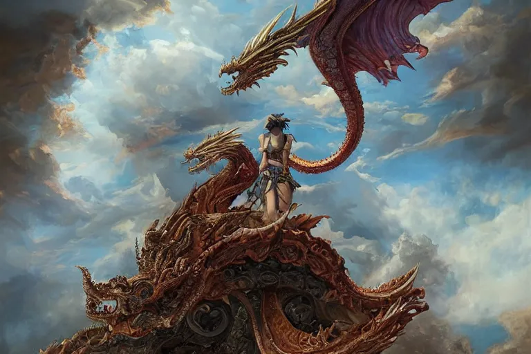 Prompt: sky dragon, oil on canvas, intricate, portrait, 8k highly professionally detailed, HDR, CGsociety, illustration painting by Mandy Jurgens and Małgorzata Kmiec and Dang My Linh and Lulu Chen and Alexis Franklin and Filip Hodas and Pascal Blanché and Bastien Lecouffe Deharme, detailed intricate ink illustration, heavenly atmosphere, detailed illustration, hd, 4k, digital art, overdetailed art, concept art, complementing colors, trending on artstation, Cgstudio, the most beautiful image ever created, dramatic, subtle details, illustration painting by alphonse mucha and frank frazetta daarken, vibrant colors, 8K, style by Wes Anderson, award winning artwork, high quality printing, fine art, gold elements, intricate, epic lighting, very very very very beautiful scenery, 8k resolution, digital painting, sharp focus, professional art, atmospheric environment, art by artgerm and greg rutkowski, by simon stålenhag, rendered by Beeple, by Makoto Shinkai, syd meade, 8k ultra hd, artstationHD, 3d render, hyper detailed, elegant, by craig mullins and marc simonetti, Ross Tran and WLOP, by Andrew Wyeth and Gerald Brom, John singer Sargent and James gurney