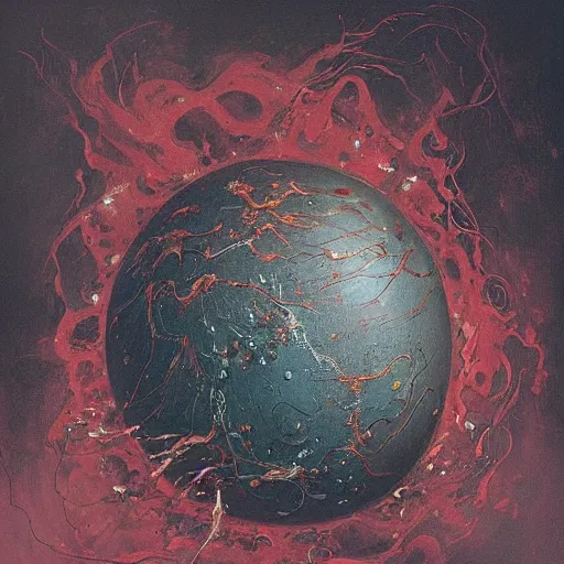 Image similar to a sphere being devoured by abstract splatters of paint in the style of francis bacon, venus being engulfed in flames in the style of james jean, surreal, beksinski, high detailed