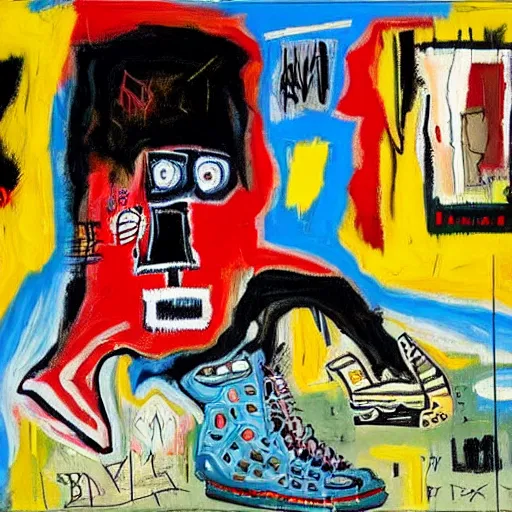 Image similar to basquiat oil painting of cyber balenciaga sneakers,