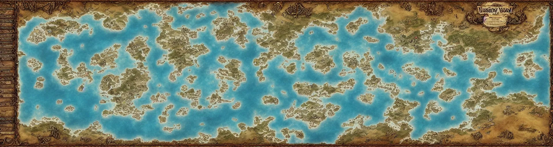 Image similar to fantasy world atlas in the style of an mmorpg world map, 7 0 % ocean, extremely detailed, fantasy, no text, 4 k