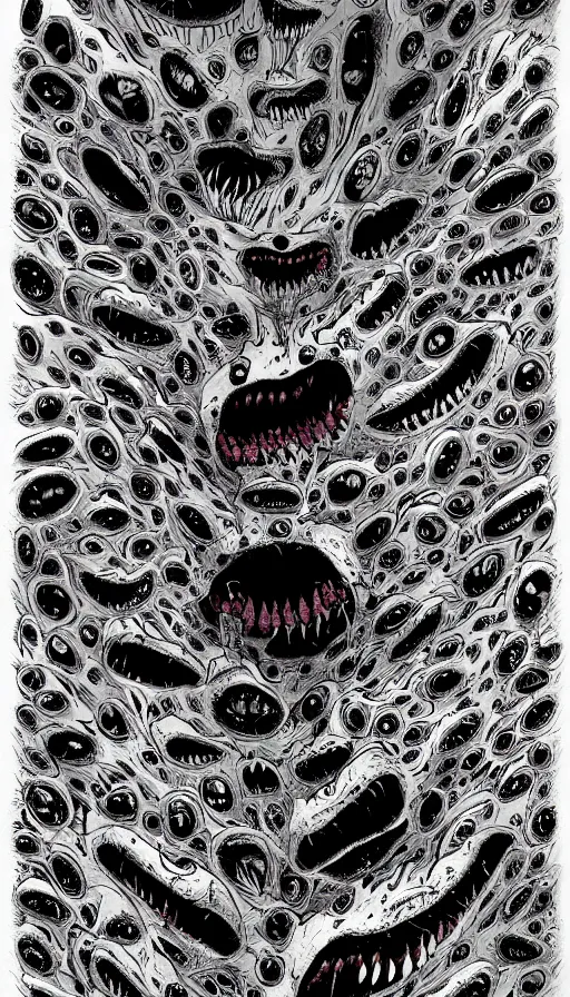 Image similar to a storm vortex made of many demonic eyes and teeth, by alex pardee