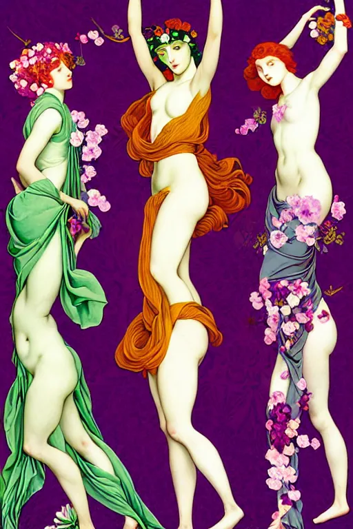 Image similar to 3 Spring Muses symbolically representing March, April, and May, in a style blending Æon Flux, Peter Chung, Shepard Fairey, Botticelli, Ivan Bolivian, and John Singer Sargent, inspired by pre-raphaelite paintings, shoujo manga, and cool Japanese street fashion, dramatically blossoming flora and fauna, petals falling everywhere, pastel vivid triad colors, hyper detailed, super fine inking lines, ethereal and otherworldly, 4K extremely photorealistic, Arnold render